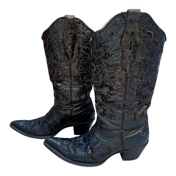 CORRAL BLACK GOAT SEQUIN INLAY WOMENS 8 M WESTERN COWBOY BOOTS A1070 SNIP TOE - Picture 1 of 10
